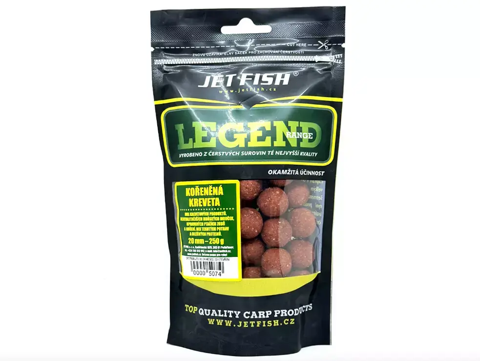Autentický JET FISH Legend Range Boilie Kořeněná Kreveta 250g