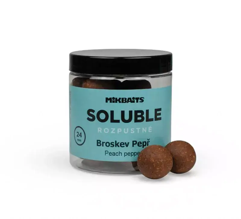 MIKBAITS Rozpustné SOLUBLE boilie 250ml - Broskev Pepř 24mm Nová Kolekce