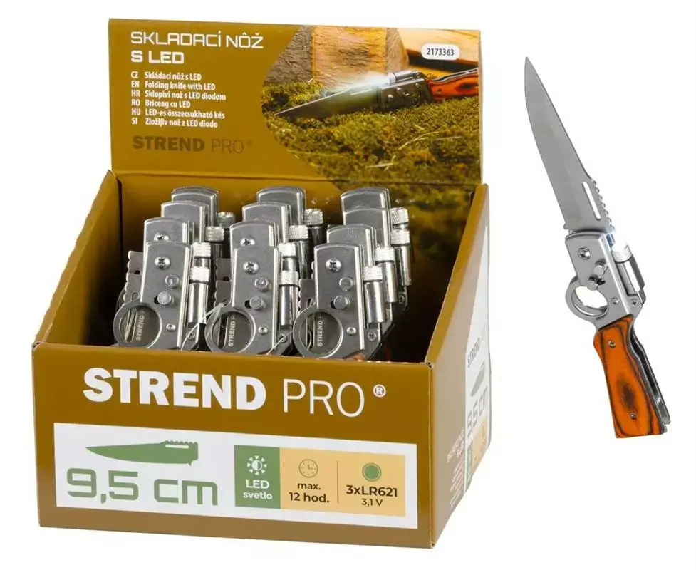 Víkendová Akce Strend Pro XL121901 zavírací nůž s LED světlem 21cm dřevo (2173363)