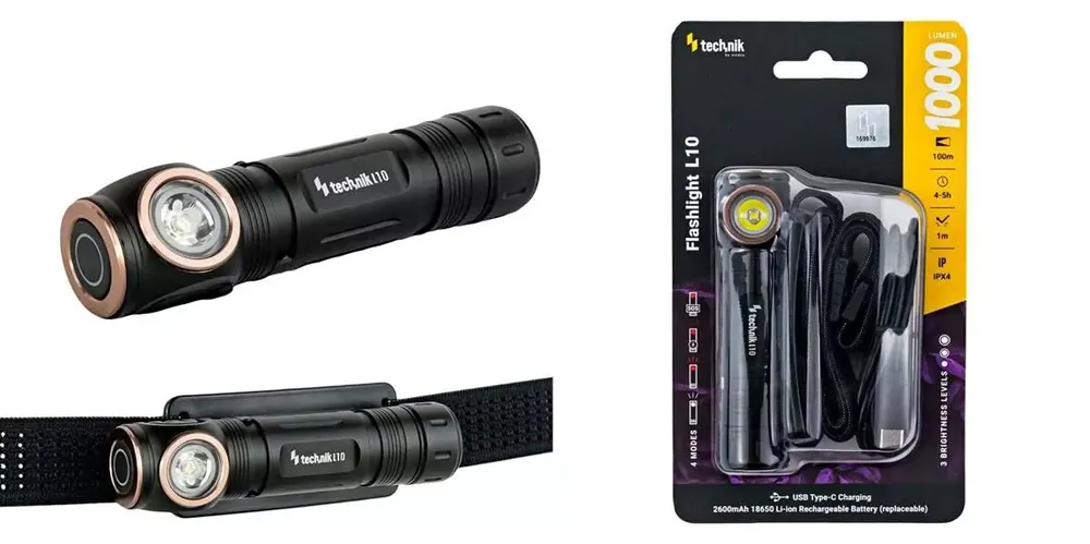 Časově Omezené Technik Flashlight L10 nabíjecí svítilna/čelovka LED 2v1 kovová 1000lm