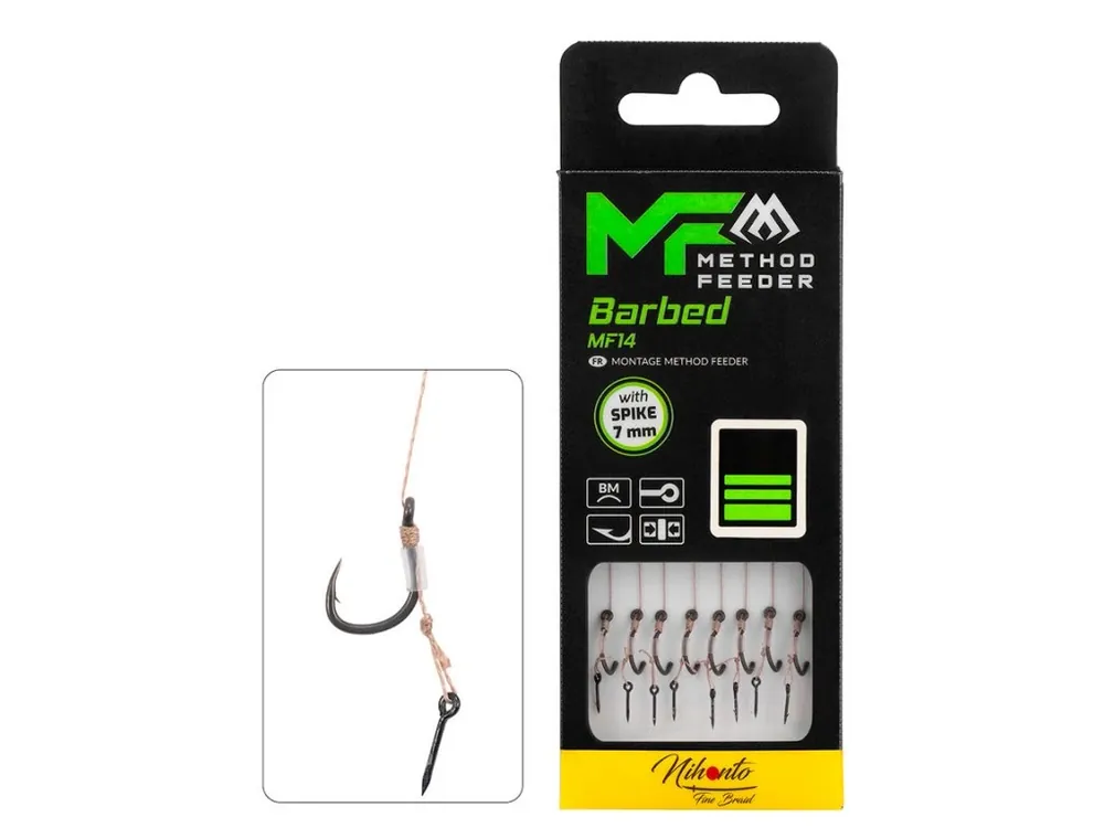 Akce Mikado Návazec - METHOD FEEDER s trnem 7mm – háček MF14 vel. 14 s protihrotem/ pletená šňůra 0.12mm/10cm - 8 ks
