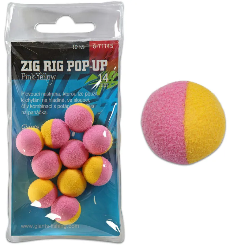 Giants fishing Pěnové plovoucí boilie Zig Rig Pop-Up pink-yellow 14mm,10ks Speciální Cena