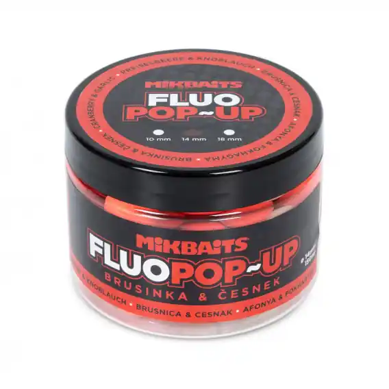 Hit Sezóny MIKBAITS - Plovoucí boilies FLUOPOP-UP 150ml 14mm BRUSINKA A ČESNEK